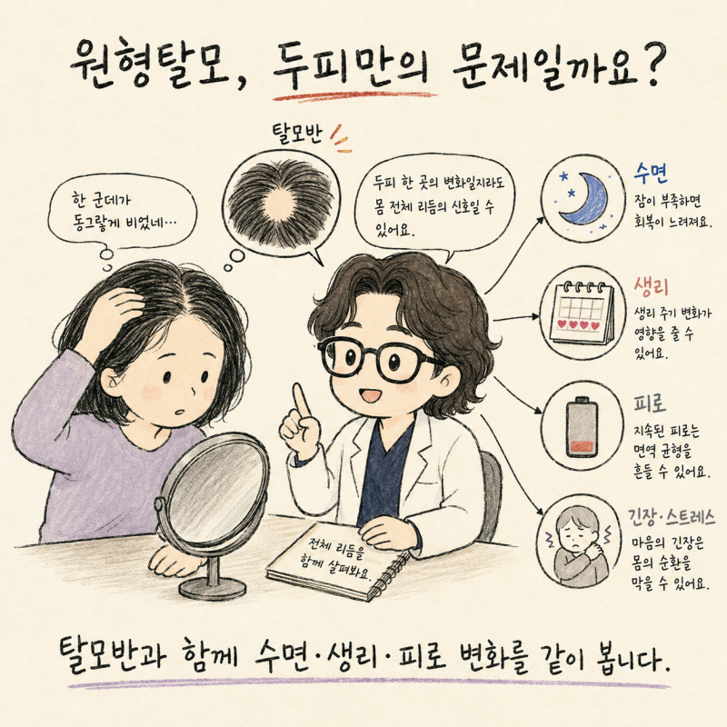 원형탈모와 생리불순이 같이 왔다면, 두피만 봐도 될까요? | 인천 송도 원형탈모