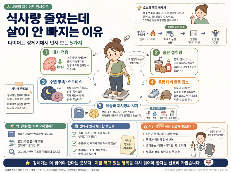 식사량 줄였는데 살이 안 빠지는 이유, 다이어트 정체기에서 먼저 보는 5가지