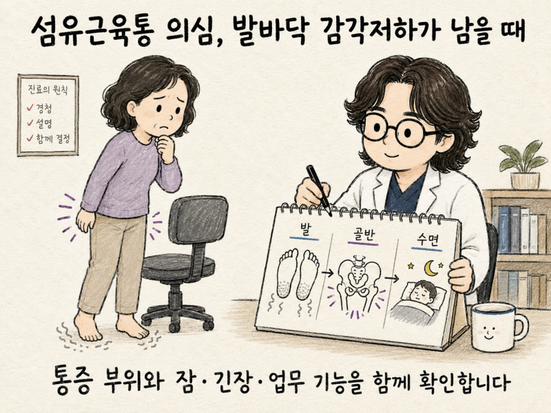 섬유근육통 의심, 발바닥 감각저하와 둔부 찌릿함이 남을 때 | 인천 송도 한의원