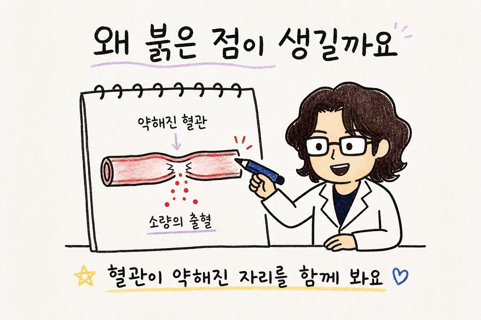 혈관이 약해져 피가 새는 구조를 노트에 설명하는 원장