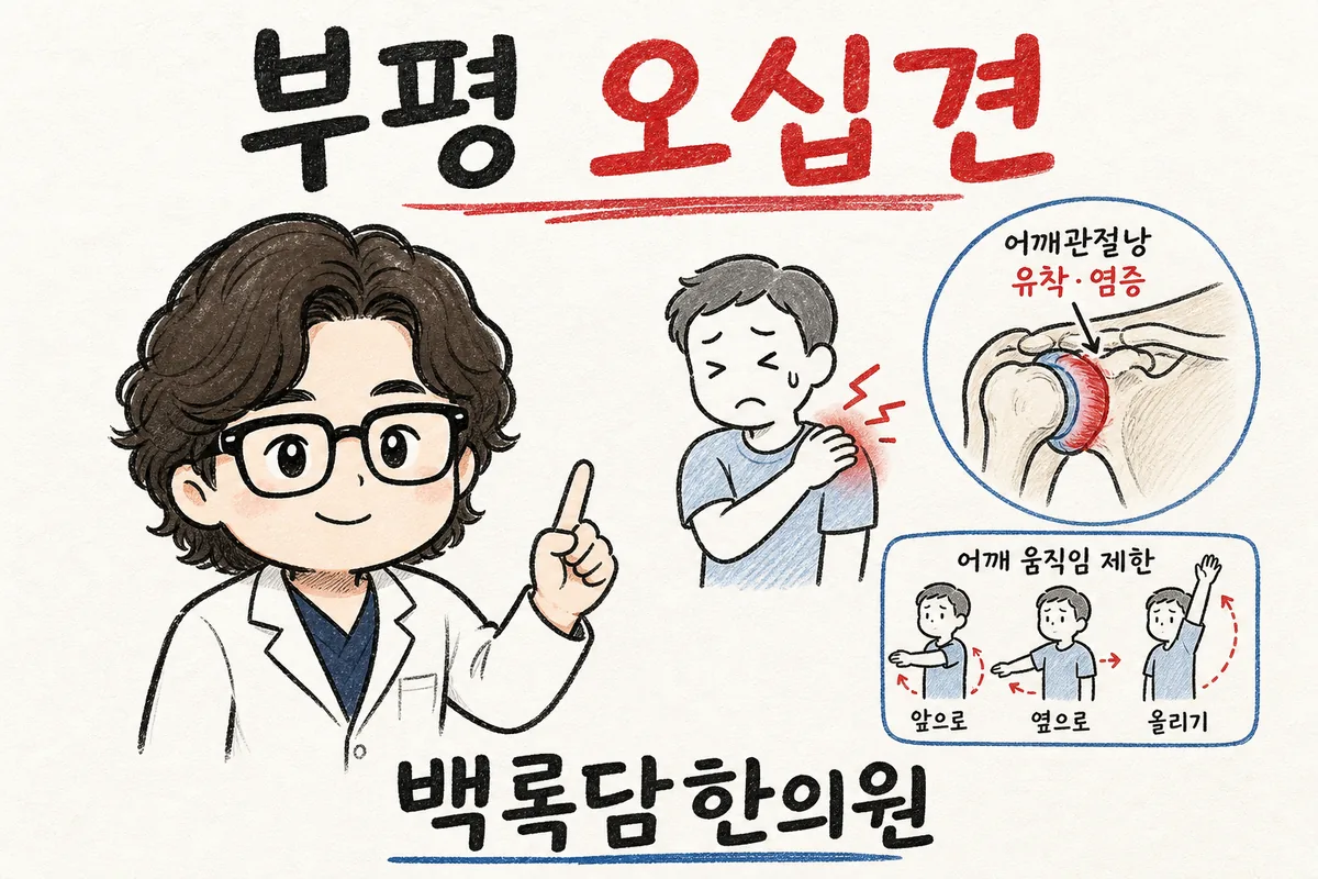 부평 오십견, 팔을 올리면 어깨가 걸리고 밤에 통증에 깨어날 때