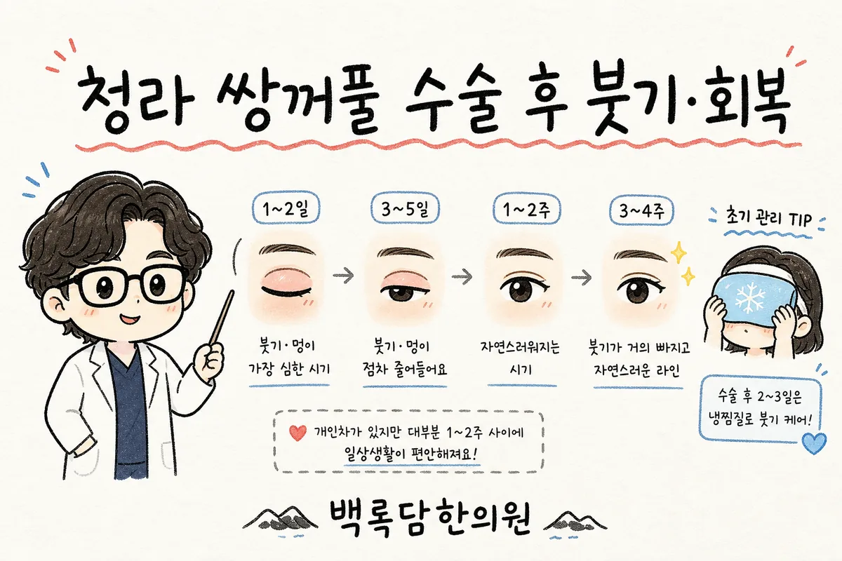 청라 쌍꺼풀 수술 후 붓기·회복, 밤이 되면 눈이 더 붓고 무거울 때