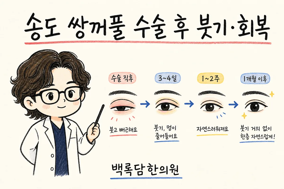송도 쌍꺼풀 수술 후 붓기·회복, 스트레스 겹쳐서인지 붓기가 잘 안 빠질 때